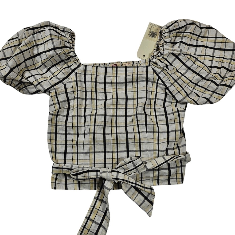 Levis Womens Plaid Puff Sleeve Crop Top Square Neck Smocked Back Yellow Black XS